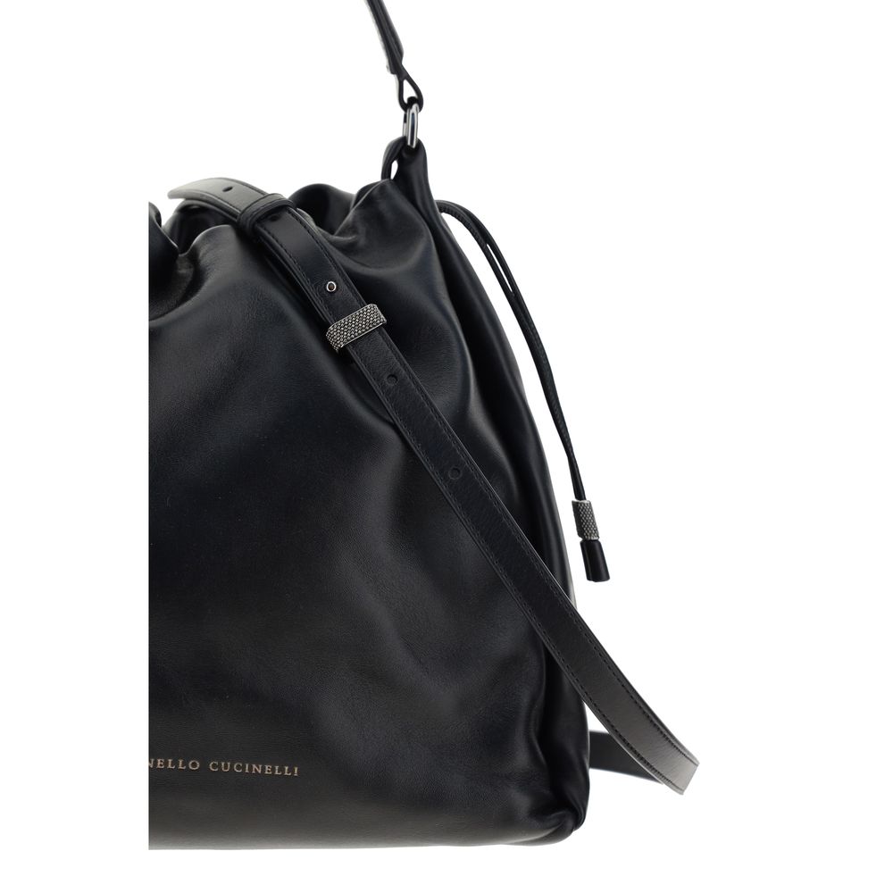 Brunello Cucinelli Schultertasche aus schwarzem Kalbsleder Bos Taurus
